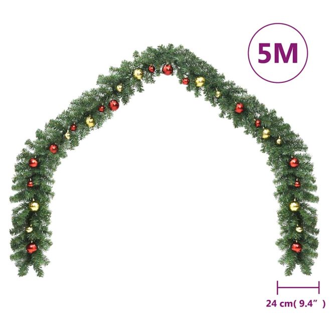 Christmas Garland Decorated with Baubles and LED Lights – 5 M