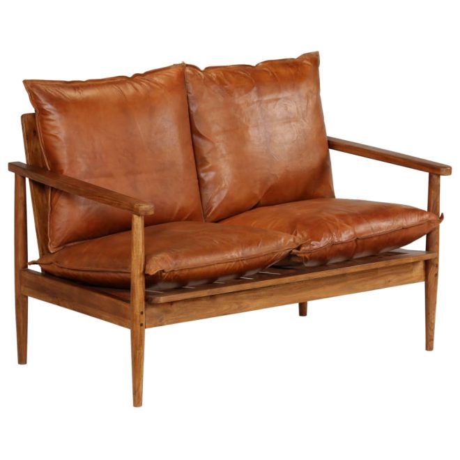 Brookfield 2-Seater Sofa Real Leather with Acacia Wood Brown