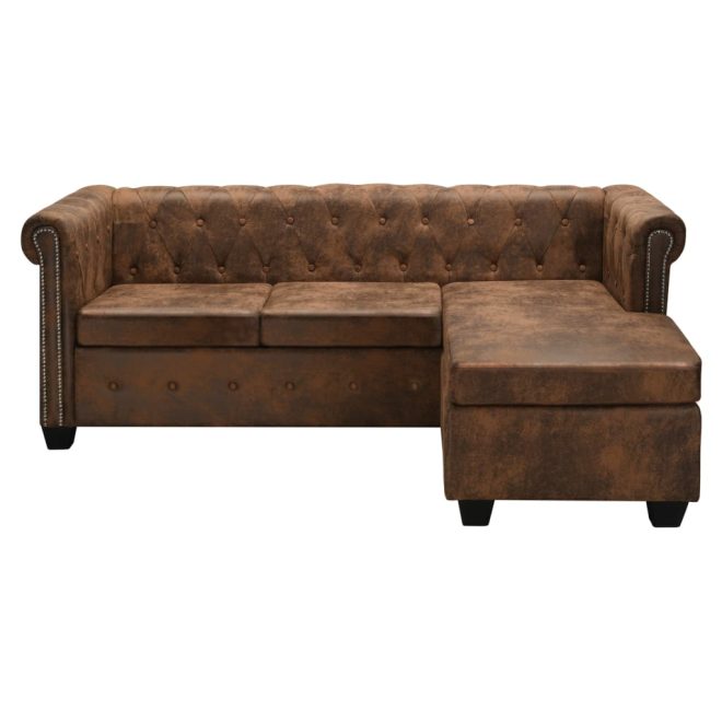 Cranston L-shaped Chesterfield Sofa Artificial Suede Leather – Brown