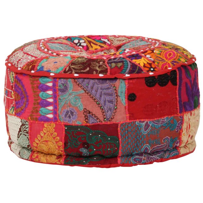 Patchwork Pouffe Round Cotton Handmade 40×20 cm – Red