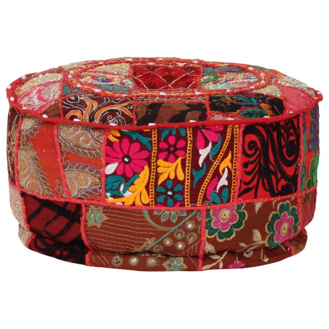 Patchwork Pouffe Round Cotton Handmade 40×20 cm – Red