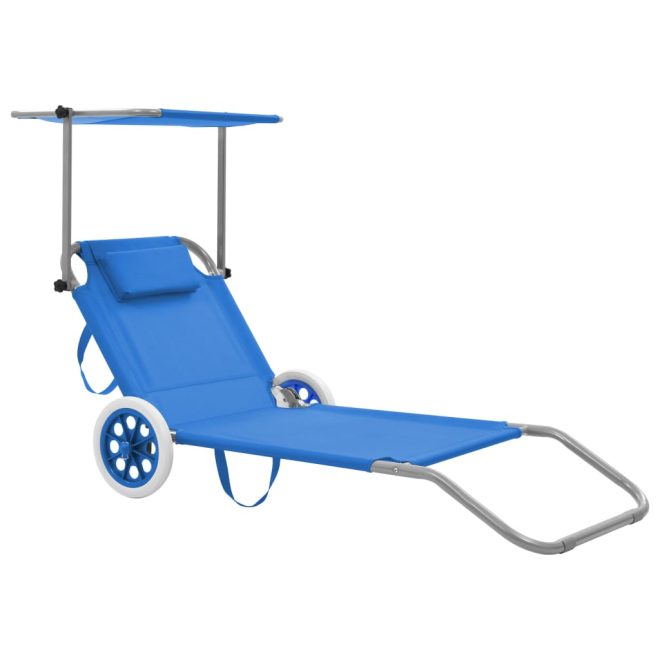 Folding Sun Lounger with Canopy and Wheels Steel – Blue