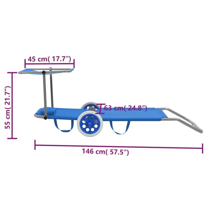 Folding Sun Lounger with Canopy and Wheels Steel – Blue