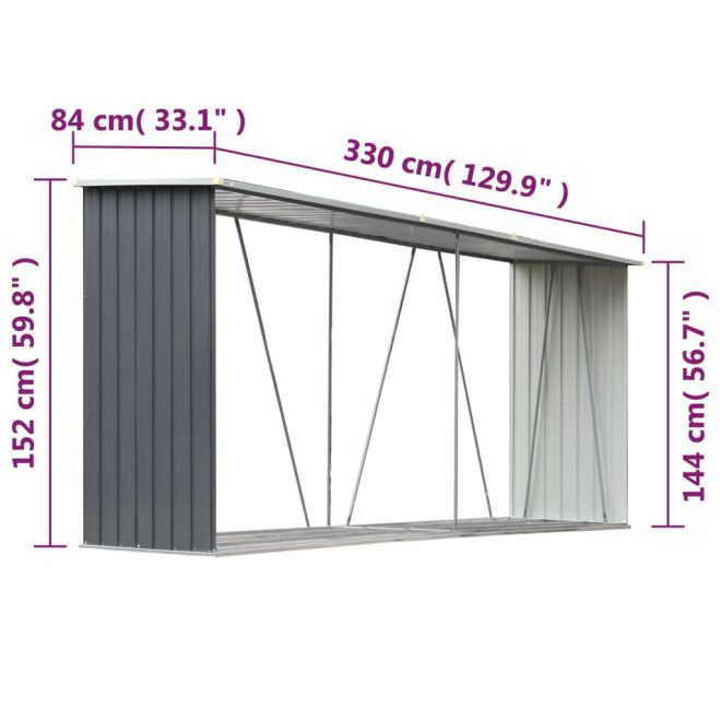 Garden Log Storage Shed Galvanised Steel 330x84x152 cm – Grey