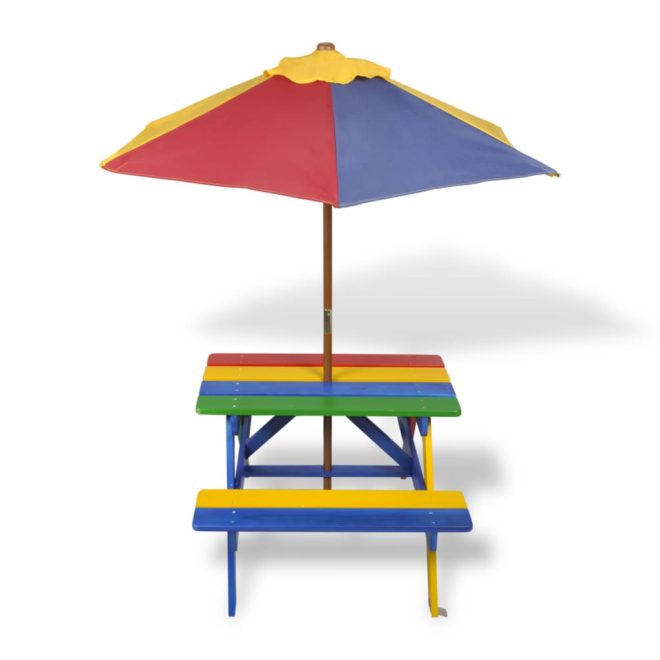 Kids’ Picnic Table with Benches and Parasol Multicolour Wood