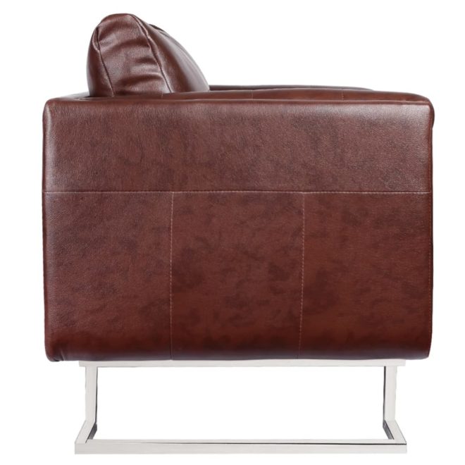 Cube Armchair with Chrome Feet Faux Leather – Brown