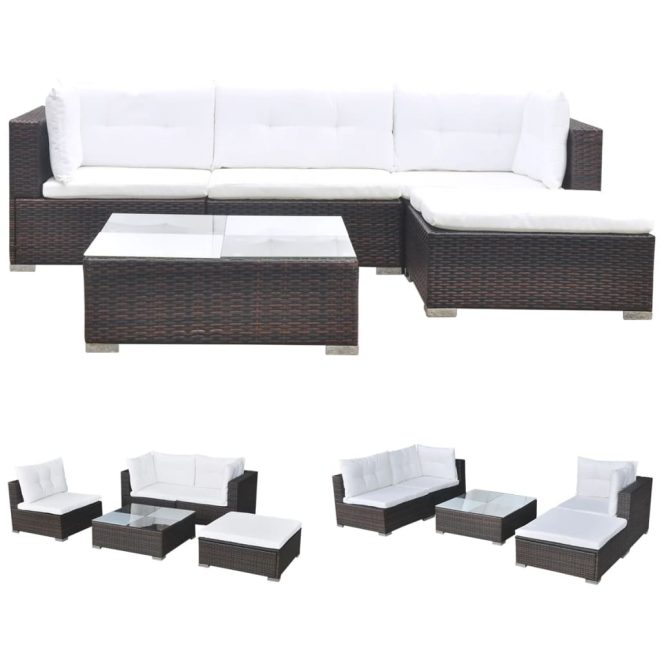 5 Piece Garden Lounge Set with Cushions Poly Rattan – Brown