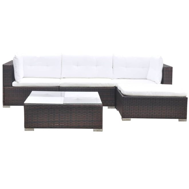 5 Piece Garden Lounge Set with Cushions Poly Rattan – Brown