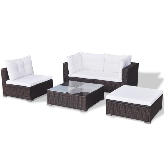 5 Piece Garden Lounge Set with Cushions Poly Rattan – Brown