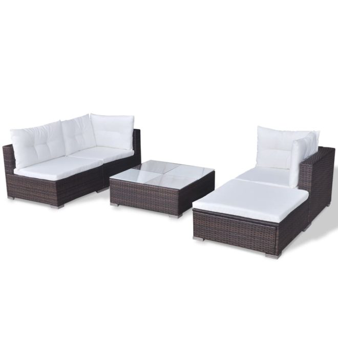 5 Piece Garden Lounge Set with Cushions Poly Rattan – Brown