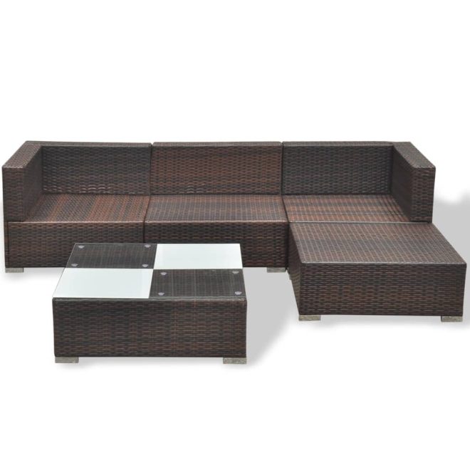 5 Piece Garden Lounge Set with Cushions Poly Rattan – Brown