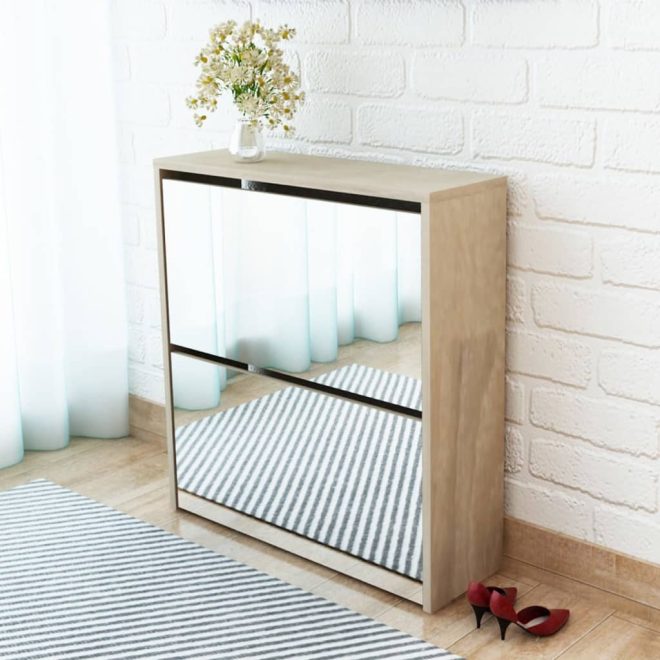 Shoe Cabinet 2-Layer Mirror – 63x17x67 cm, Oak