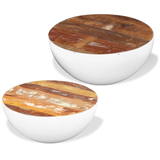 Two Piece Bowl Shaped Coffee Table Set Solid Reclaimed Wood – White