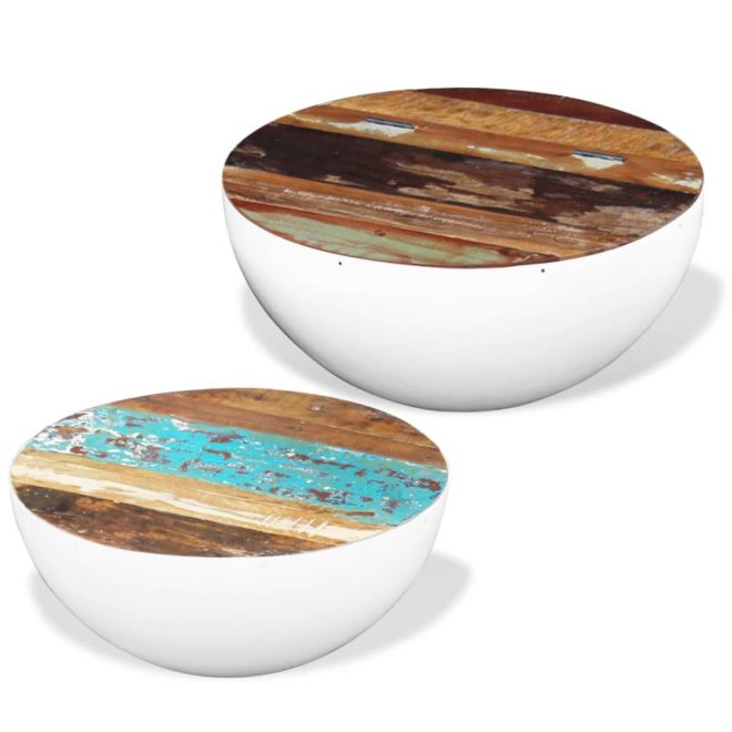 Two Piece Bowl Shaped Coffee Table Set Solid Reclaimed Wood – White