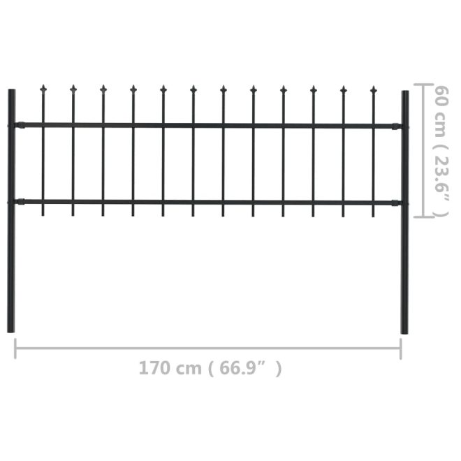 Garden Fence with Spear Top Steel Black – 0.6 m, 1.7 m