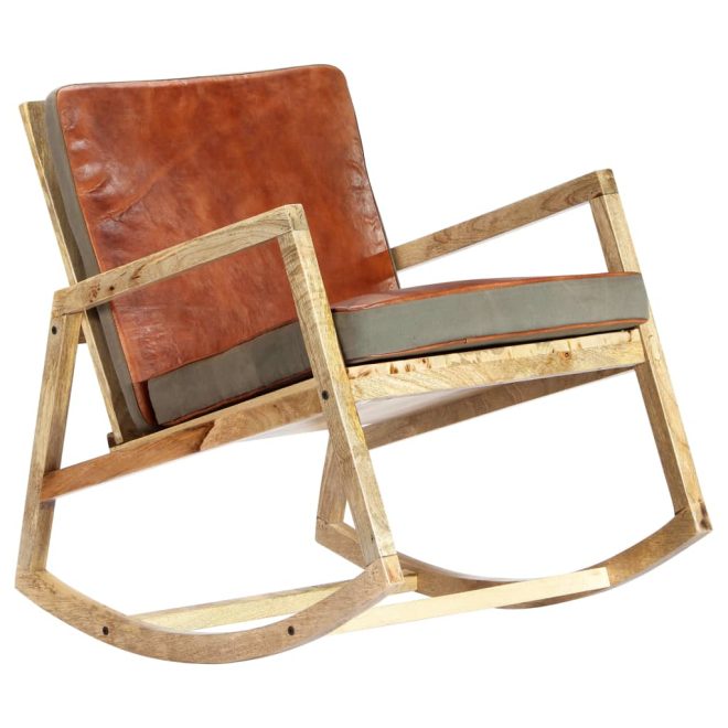 Rocking Chair Brown Real Leather and Solid Mango Wood