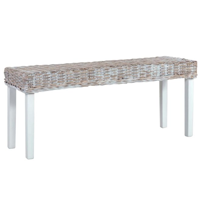 Bench 110 cm Natural Kubu Rattan and Solid Mango Wood – White