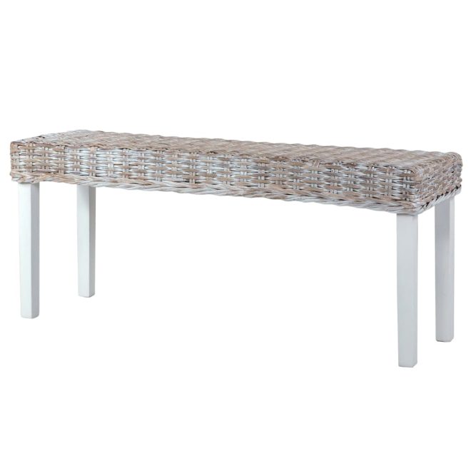 Bench 110 cm Natural Kubu Rattan and Solid Mango Wood – White