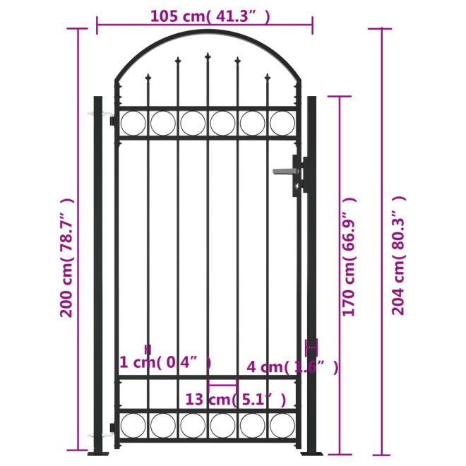 Fence Gate with Arched Top and 2 Posts 105×204 cm Black