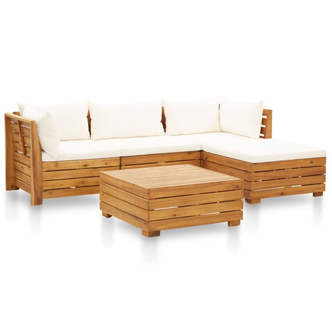 Garden Lounge Set with Cushions Acacia Wood – Cream, 2X Corner + Middle + Footrest + Table