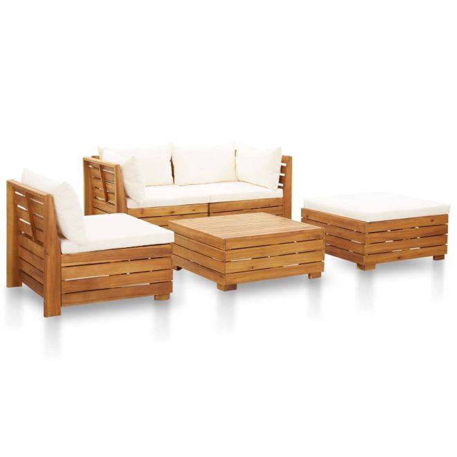 Garden Lounge Set with Cushions Acacia Wood – Cream, 2X Corner + Middle + Footrest + Table