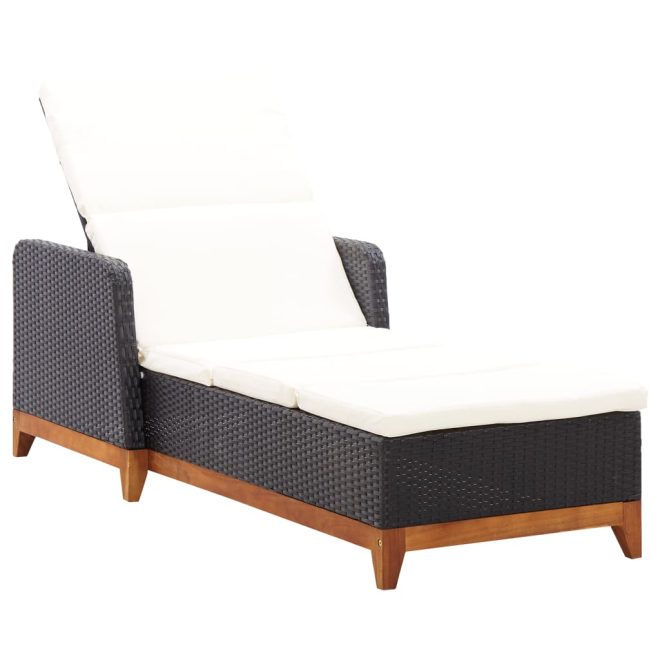 Sun Lounger Poly Rattan and Solid Acacia Wood – Black