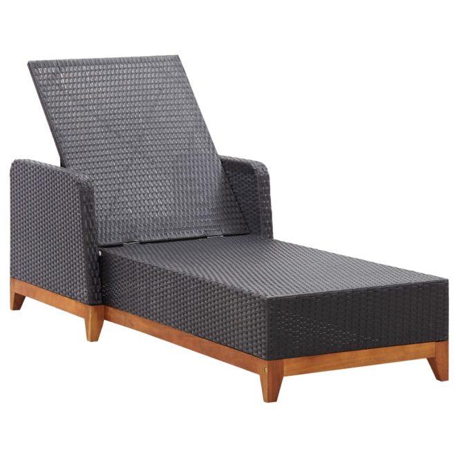 Sun Lounger Poly Rattan and Solid Acacia Wood – Black