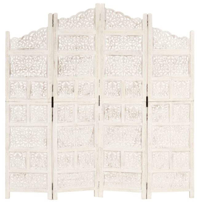 Carneys Hand carved 4-Panel Room Divider 160×165 cm Solid Mango Wood – White