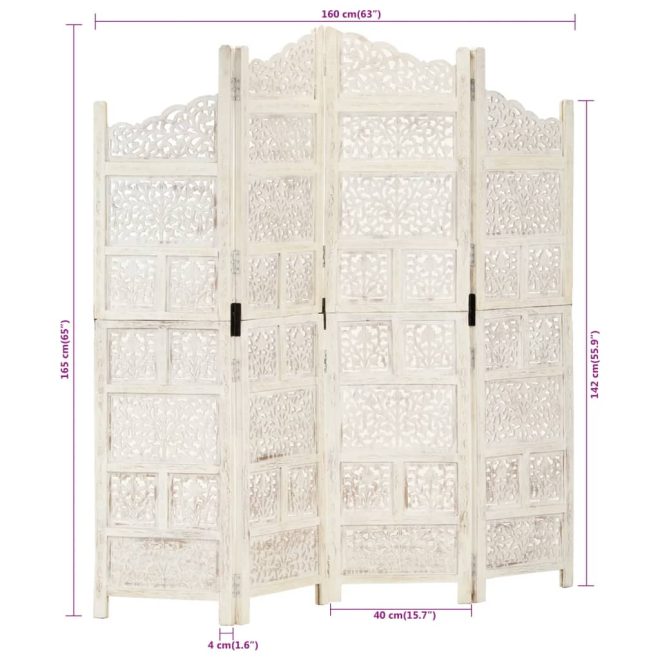 Carneys Hand carved 4-Panel Room Divider 160×165 cm Solid Mango Wood – White