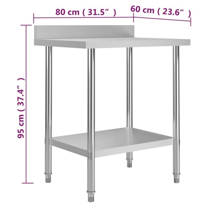 Kitchen Work Table with Backsplash Stainless Steel – 80x60x93 cm