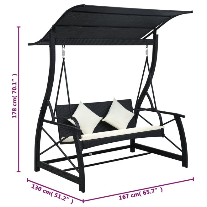 3-Seater  Garden Swing Bench with Canopy Poly Rattan – Black