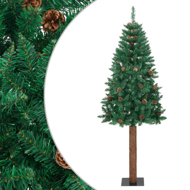 Slim Christmas Tree with Real Wood and Cones Green PVC – 150×66 cm, With cones