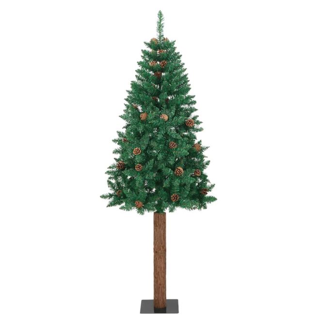 Slim Christmas Tree with Real Wood and Cones Green PVC – 150×66 cm, With cones