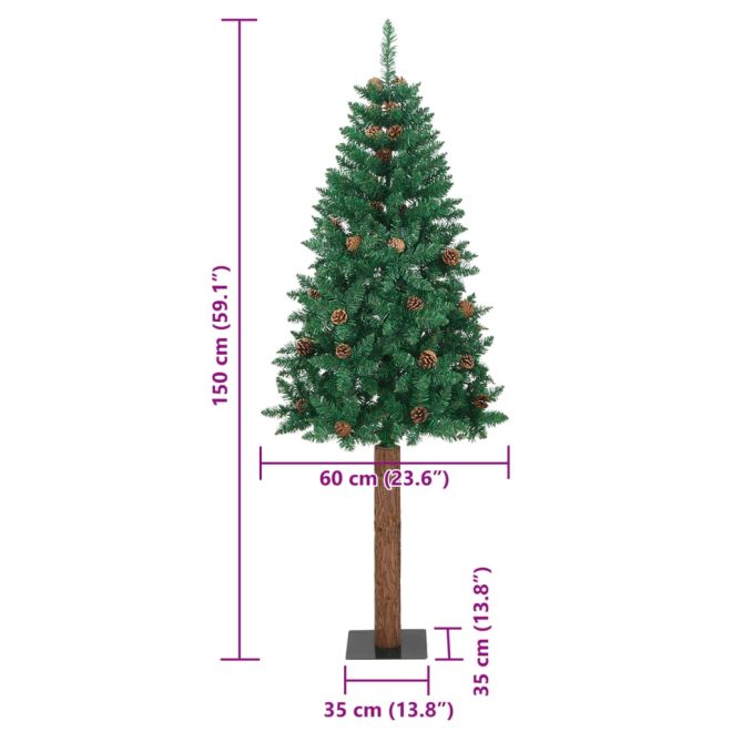 Slim Christmas Tree with Real Wood and Cones Green PVC – 150×66 cm, With cones