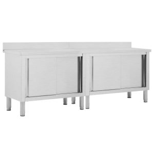 Work Table with Sliding Doors Stainless Steel – 240x50x(95-97) cm