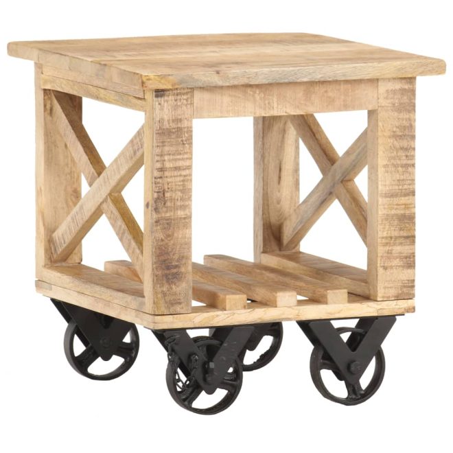 Side Table with Wheels 40x40x42 cm Rough Mango Wood