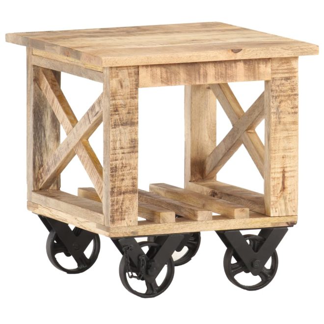 Side Table with Wheels 40x40x42 cm Rough Mango Wood