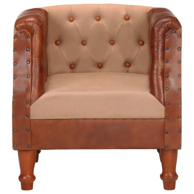 Tub Chair Real Leather and Solid Mango Wood – Brown