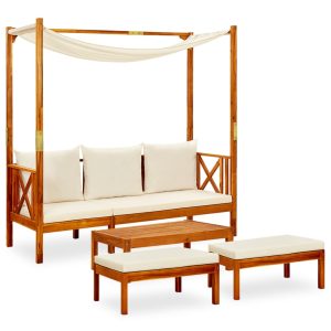 Garden Bench with Canopy and Footrests Solid Acacia Wood – Cream, With Table