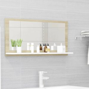 Bathroom Mirror Engineered Wood – 80 cm, White and Sonoma Oak