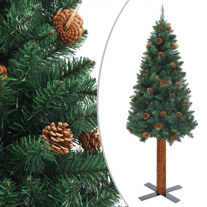 Slim Christmas Tree with LEDs&Real Wood&Cones – 150×66 cm, Green