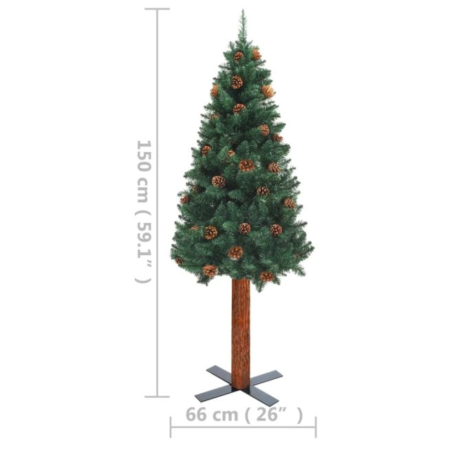 Slim Christmas Tree with LEDs&Real Wood&Cones – 150×66 cm, Green