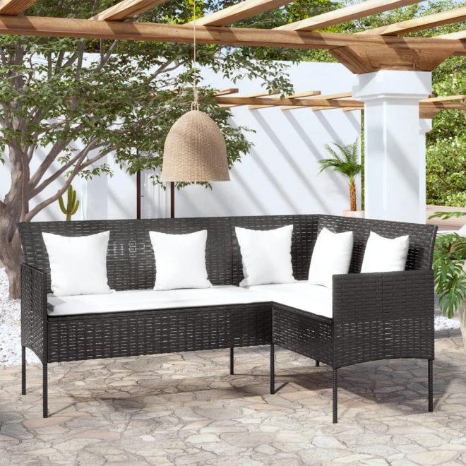 L-shaped Couch Sofa with Cushions Poly Rattan – Black