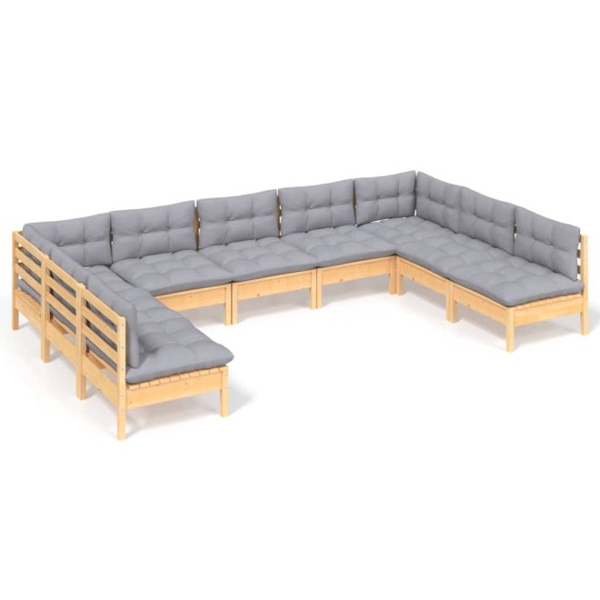 9 Piece Garden Lounge Set with Cushions Solid Pinewood – Brown and Grey