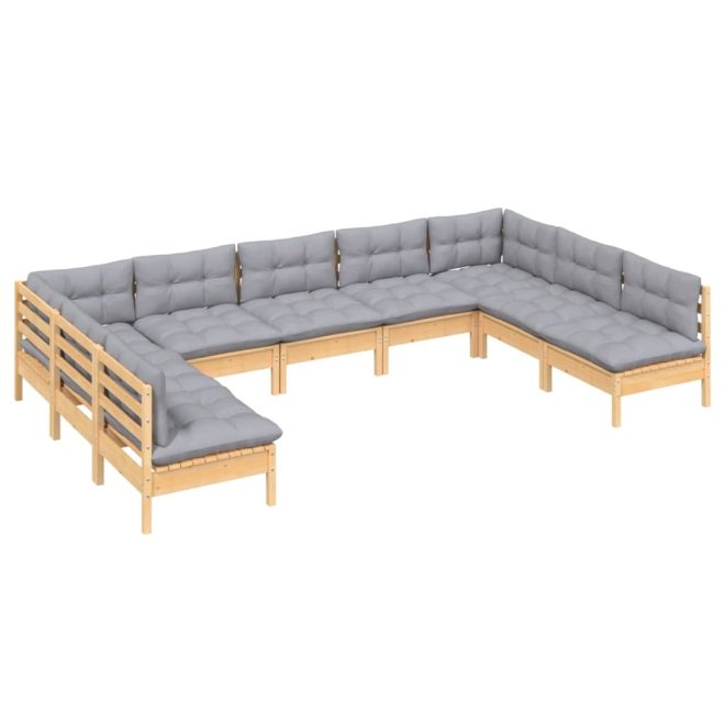 9 Piece Garden Lounge Set with Cushions Solid Pinewood – Brown and Grey