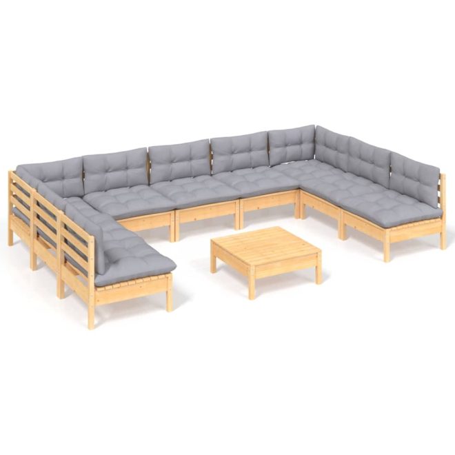 10 Piece Garden Lounge Set with Cushions Solid Pinewood – Brown and Grey