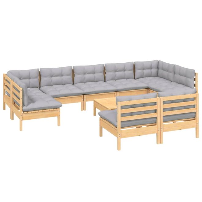 10 Piece Garden Lounge Set with Cushions Solid Pinewood – Brown and Grey