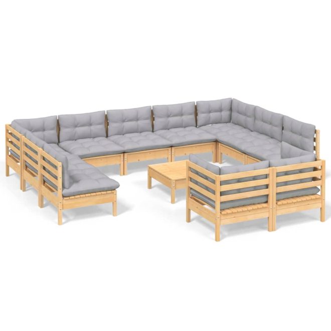 12 Piece Garden Lounge Set with Cushions Solid Pinewood – Brown and Grey