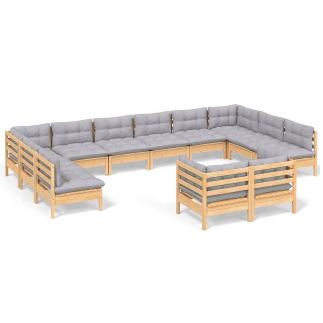 12 Piece Garden Lounge Set with Cushions Solid Pinewood – Brown and Grey