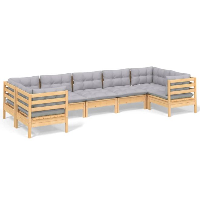 7 Piece Garden Lounge Set with Cushions Pinewood – Brown and Grey